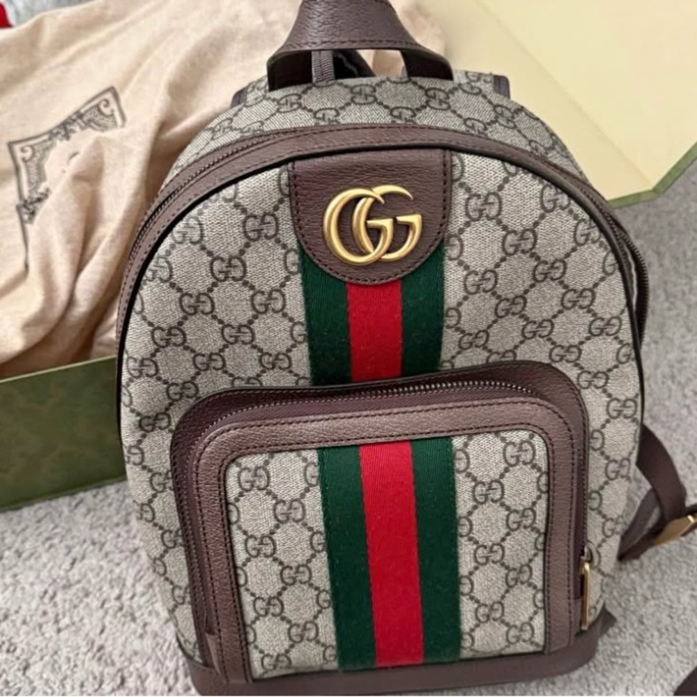 Gucci Brown Backpack with Red and Green Stripes